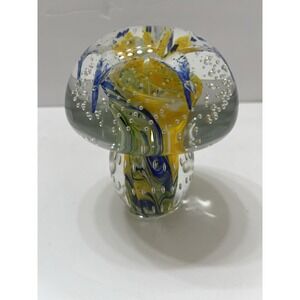 Vintage Wheaton Art Glass Mushroom Paperweight Blue Yellow Controlled Bubbles 4"